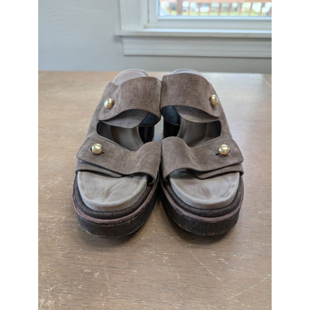 Rag & Bone Sommer Suede Wedge Slide Sandals Taupe Gold Studs Women's 40 platform - Picture 3 of 11